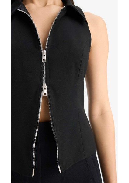 Afra x DeFacto Polo Yaka Fermuarlı Kolsuz Hırka E5969AX25SP