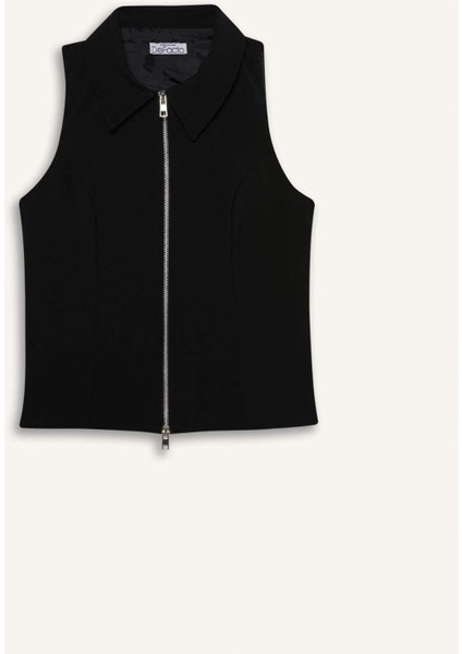 Afra x DeFacto Polo Yaka Fermuarlı Kolsuz Hırka E5969AX25SP