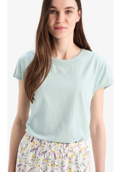 Bisiklet Yaka Basic Düz Flamlı Pamuk Kısa Kollu Tişört E1159AX25SM