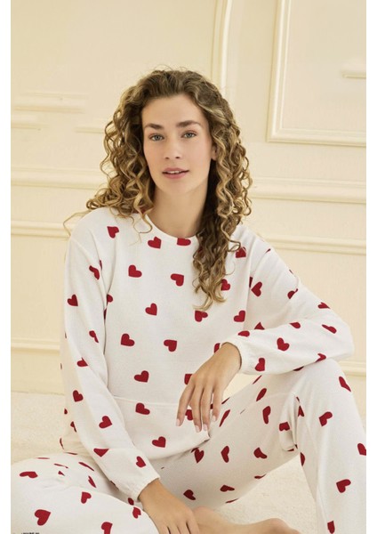Kadın Waffle Kumaş Kalp Desen Pijama Takımı 70910 Ekru fırsatları