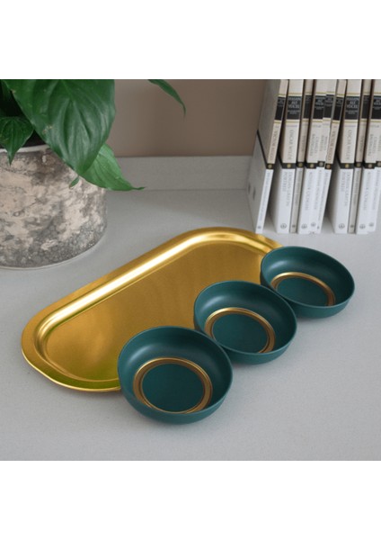 Home 3'lü Çerezlik ve Sunumluk Tepsi Seti - Yeşil & Gold modelleri