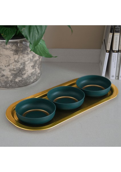 Home 3'lü Çerezlik ve Sunumluk Tepsi Seti - Yeşil & Gold fırsatları