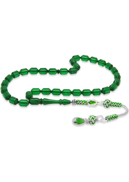 Bakır Kazaz Püsküllü Uçlu Kapsül Kesim Yeşil Ateş Kehribar Tesbih