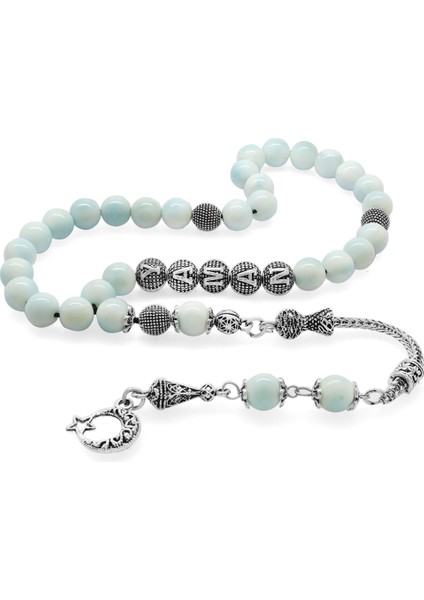 Kararmaz Metal Püsküllü Küre Kesim Isme Özel Yazılı Larimar Doğaltaş Tesbih