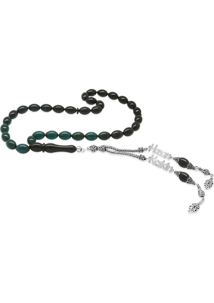 925 Ayar Gümüş Püsküllü Arpa Kesim Isim Yazılı Süzme Turkuaz Siyah Ateş Kehribar Tesbih