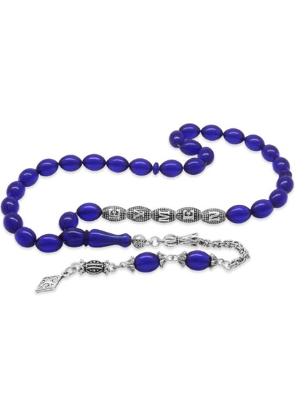 Kararmaz Metal Arnavut Püsküllü Arpa Kesim Isme Özel Yazılı Lacivert Sıkma Kehribar Tesbih