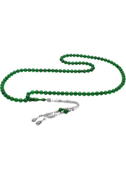 Kararmaz Metal Su Damlası Püsküllü Küre Kesim Yeşil Ateş Kehribar 99 Taneli Namaz Tesbihi