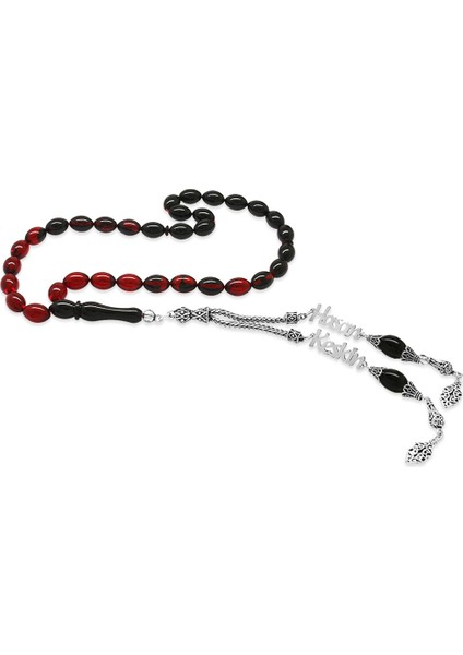 925 Ayar Gümüş Püsküllü Arpa Kesim Isim Yazılı Kırmızı Siyah Ateş Kehribar Tesbih