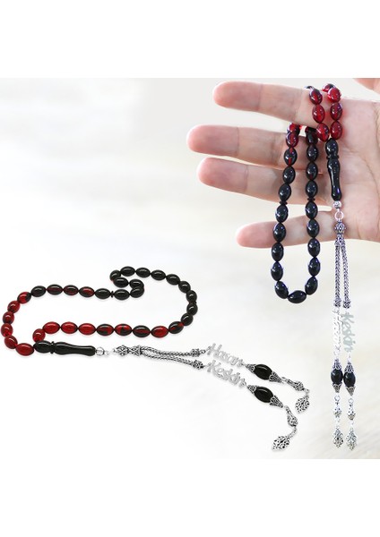 925 Ayar Gümüş Püsküllü Arpa Kesim Isim Yazılı Kırmızı Siyah Ateş Kehribar Tesbih fiyatları