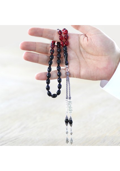 925 Ayar Gümüş Püsküllü Arpa Kesim Isim Yazılı Kırmızı Siyah Ateş Kehribar Tesbih modelleri