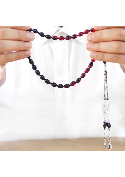 925 Ayar Gümüş Püsküllü Arpa Kesim Isim Yazılı Kırmızı Siyah Ateş Kehribar Tesbih fırsatları