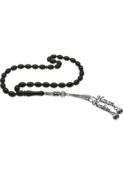 1000 Ayar Gümüş Çift Kazaz Püsküllü Arpa Kesim Isim Yazılı Siyah Sıkma Kehribar Tesbih