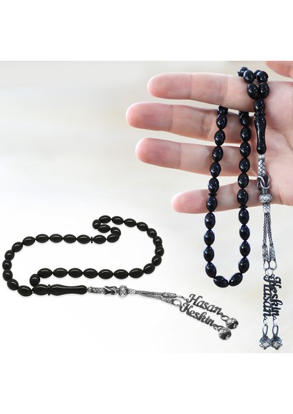 1000 Ayar Gümüş Çift Kazaz Püsküllü Arpa Kesim Isim Yazılı Siyah Sıkma Kehribar Tesbih fiyatları