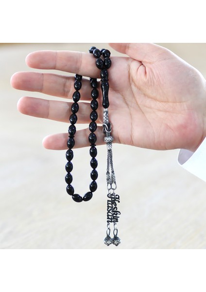 1000 Ayar Gümüş Çift Kazaz Püsküllü Arpa Kesim Isim Yazılı Siyah Sıkma Kehribar Tesbih modelleri