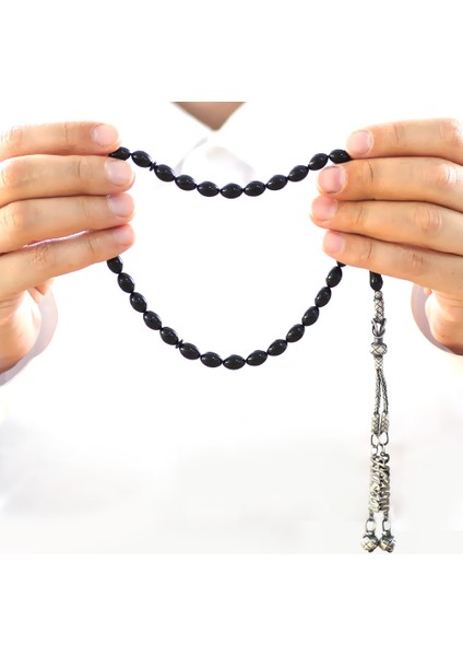 1000 Ayar Gümüş Çift Kazaz Püsküllü Arpa Kesim Isim Yazılı Siyah Sıkma Kehribar Tesbih fırsatları