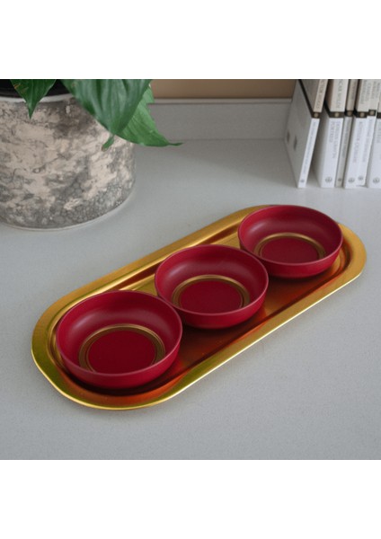 Home 3'lü Çerezlik ve Sunumluk Tepsi Seti - Kırmızı & Gold modelleri