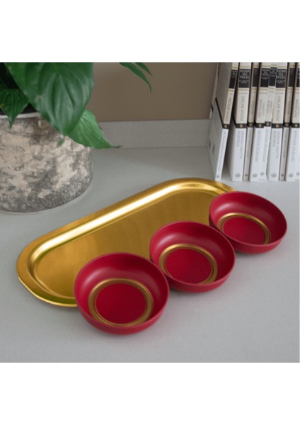 Home 3'lü Çerezlik ve Sunumluk Tepsi Seti - Kırmızı & Gold fırsatları