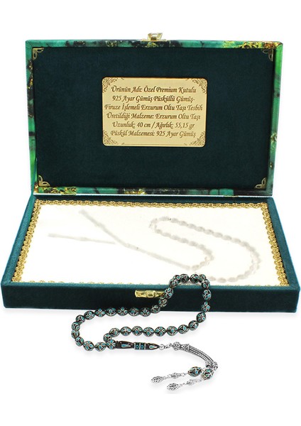 Premium Kutulu 925 Ayar Gümüş Püsküllü Arpa Kesim Gümüş Firuze Işlemeli Erzurum Oltu Taşı Tesbih