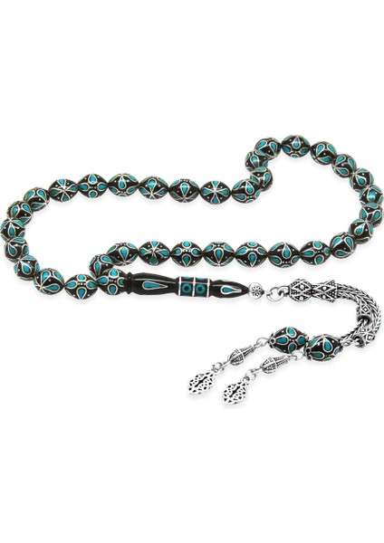 Premium Kutulu 925 Ayar Gümüş Püsküllü Arpa Kesim Gümüş Firuze Işlemeli Erzurum Oltu Taşı Tesbih fiyatları