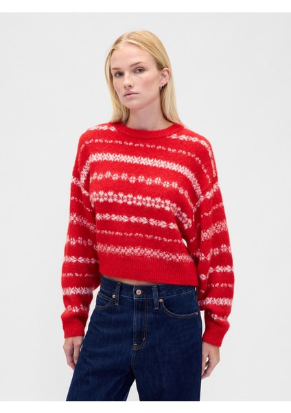 Kadın Kırmızı Fuzzy Oversized Bisiklet Yaka Kazak