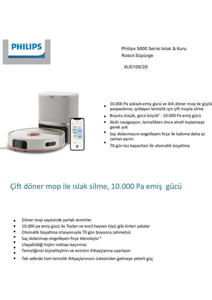 Philips Homerun 5000 Serisi XU5100/20 Beyaz Çöp Istasyonlu Akıllı Robot Süpürge