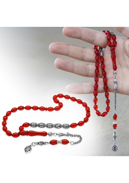 Kararmaz Metal Püsküllü Isme Özel Yazılı Arpa Kesim Amber Kırmızı Ateş Kehribar Tesbih fiyatları