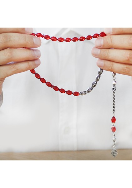 Kararmaz Metal Püsküllü Isme Özel Yazılı Arpa Kesim Amber Kırmızı Ateş Kehribar Tesbih fırsatları