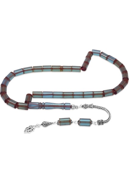 925 Ayar Gümüş Püsküllü Kesme Kesim Turkuaz Ateş Kehribar Tesbih