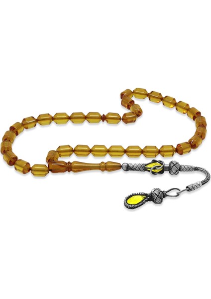 1000 Ayar Gümüş Kazaz Püsküllü Uçlu Kapsül Kesim Sarı Ateş Kehribar Tesbih