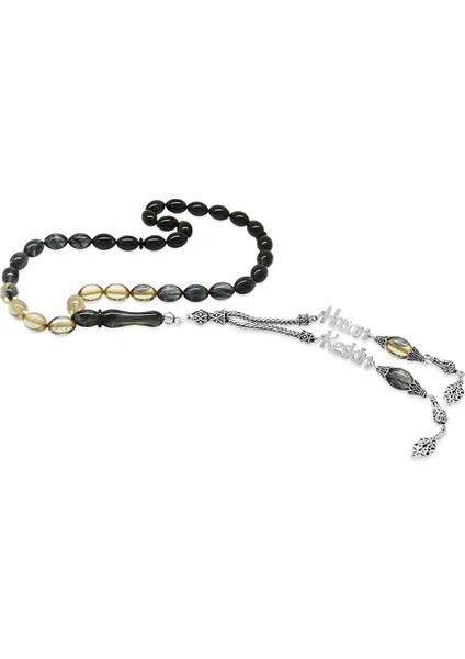 925 Ayar Gümüş Püsküllü Arpa Kesim Isim Yazılı Siyah Ateş Kehribar Tesbih