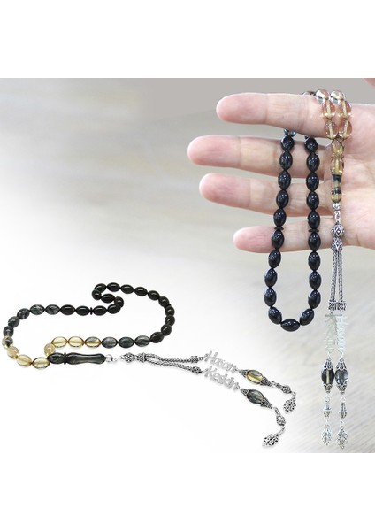 925 Ayar Gümüş Püsküllü Arpa Kesim Isim Yazılı Siyah Ateş Kehribar Tesbih fiyatları