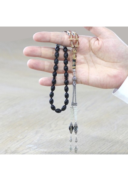 925 Ayar Gümüş Püsküllü Arpa Kesim Isim Yazılı Siyah Ateş Kehribar Tesbih modelleri