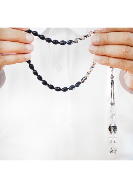 925 Ayar Gümüş Püsküllü Arpa Kesim Isim Yazılı Siyah Ateş Kehribar Tesbih fırsatları