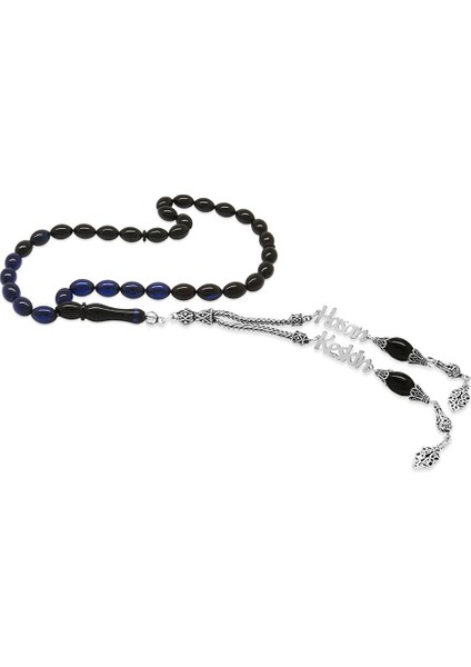 925 Ayar Gümüş Püsküllü Arpa Kesim Isim Yazılı Mavi Sıkma Kehribar Tesbih