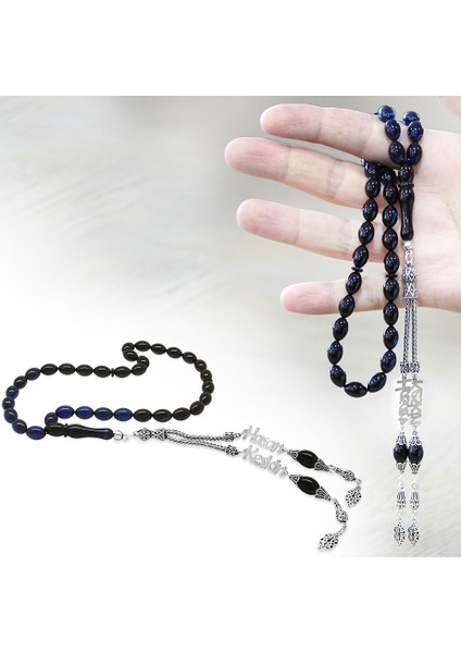 925 Ayar Gümüş Püsküllü Arpa Kesim Isim Yazılı Mavi Sıkma Kehribar Tesbih fiyatları