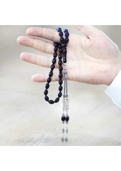 925 Ayar Gümüş Püsküllü Arpa Kesim Isim Yazılı Mavi Sıkma Kehribar Tesbih modelleri