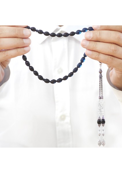 925 Ayar Gümüş Püsküllü Arpa Kesim Isim Yazılı Mavi Sıkma Kehribar Tesbih fırsatları