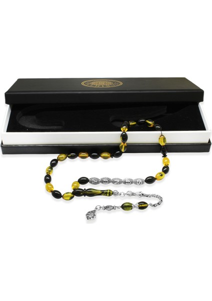 Kararmaz Metal Püsküllü Isme Özel Yazılı Arpa Kesim Sarı Siyah Ateş Kehribar Tesbih