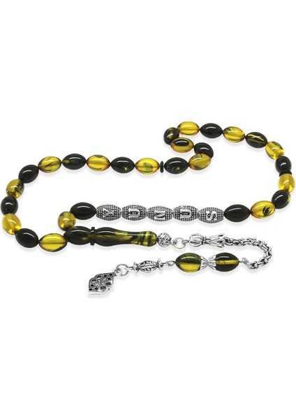 Kararmaz Metal Püsküllü Isme Özel Yazılı Arpa Kesim Sarı Siyah Ateş Kehribar Tesbih fiyatları