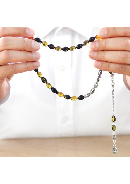 Kararmaz Metal Püsküllü Isme Özel Yazılı Arpa Kesim Sarı Siyah Ateş Kehribar Tesbih indirimleri