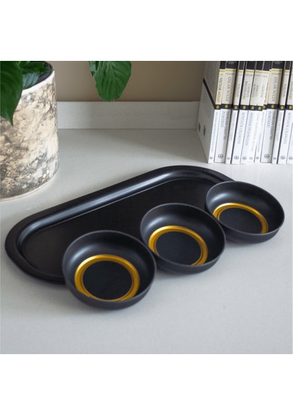 Home 3'lü Çerezlik ve Sunumluk Tepsi Seti - Siyah & Gold modelleri