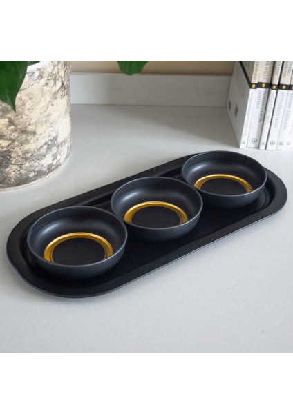 Home 3'lü Çerezlik ve Sunumluk Tepsi Seti - Siyah & Gold fırsatları