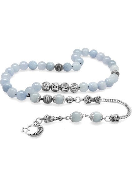 Kararmaz Metal Püsküllü Küre Kesim Isme Özel Yazılı Akuamarin Doğaltaş Tesbih fiyatları