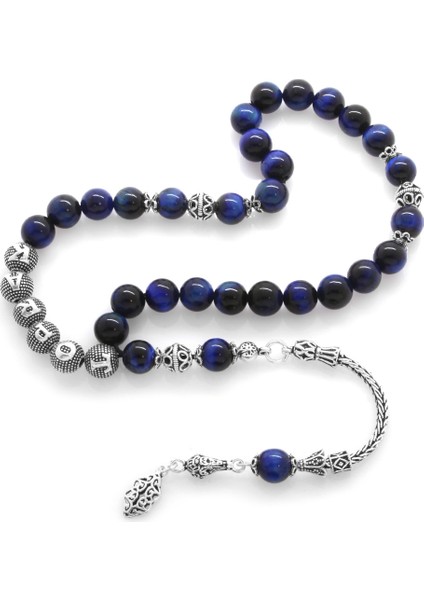 925 Ayar Gümüş Püsküllü Küre Kesim Isim Yazılı Mavi Kaplan Gözü Doğaltaş Tesbih