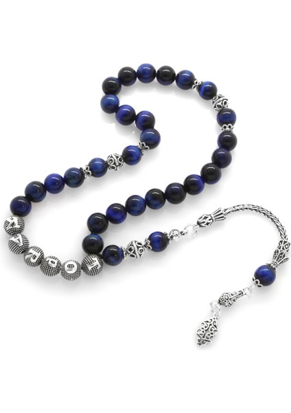 925 Ayar Gümüş Püsküllü Küre Kesim Isim Yazılı Mavi Kaplan Gözü Doğaltaş Tesbih fiyatları