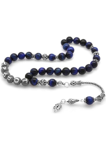 925 Ayar Gümüş Püsküllü Küre Kesim Isim Yazılı Mavi Kaplan Gözü Doğaltaş Tesbih modelleri