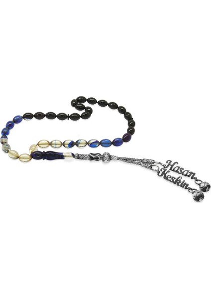 1000 Ayar Gümüş Çift Kazaz Püsküllü Arpa Kesim Isim Yazılı Mavi Ateş Kehribar Tesbih