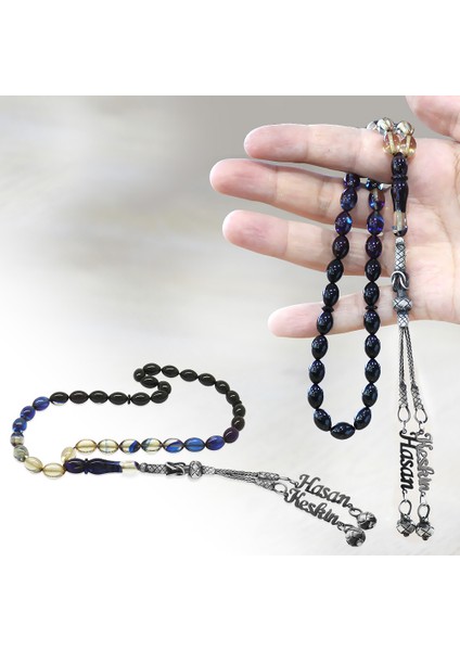 1000 Ayar Gümüş Çift Kazaz Püsküllü Arpa Kesim Isim Yazılı Mavi Ateş Kehribar Tesbih fiyatları