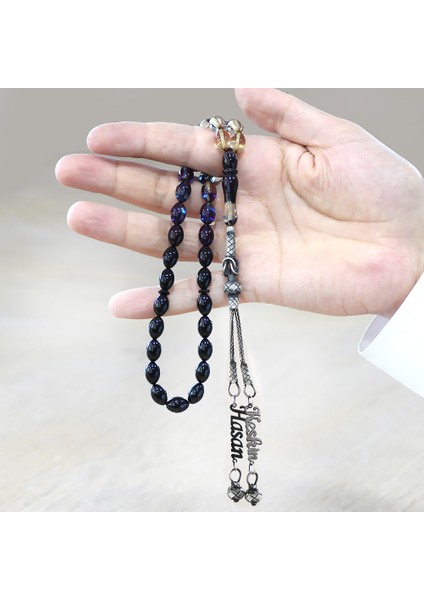 1000 Ayar Gümüş Çift Kazaz Püsküllü Arpa Kesim Isim Yazılı Mavi Ateş Kehribar Tesbih modelleri