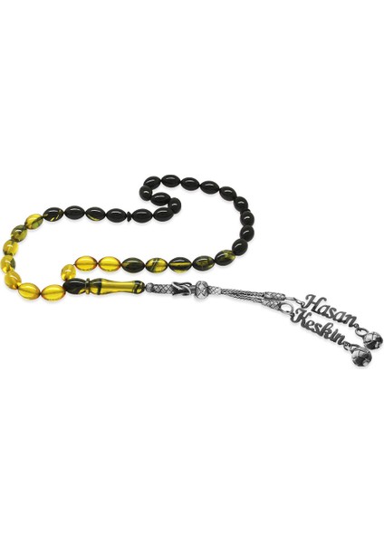 1000 Ayar Gümüş Çift Kazaz Püsküllü Arpa Kesim Isim Yazılı Süzme Sarı Siyah Ateş Kehribar Tesbih